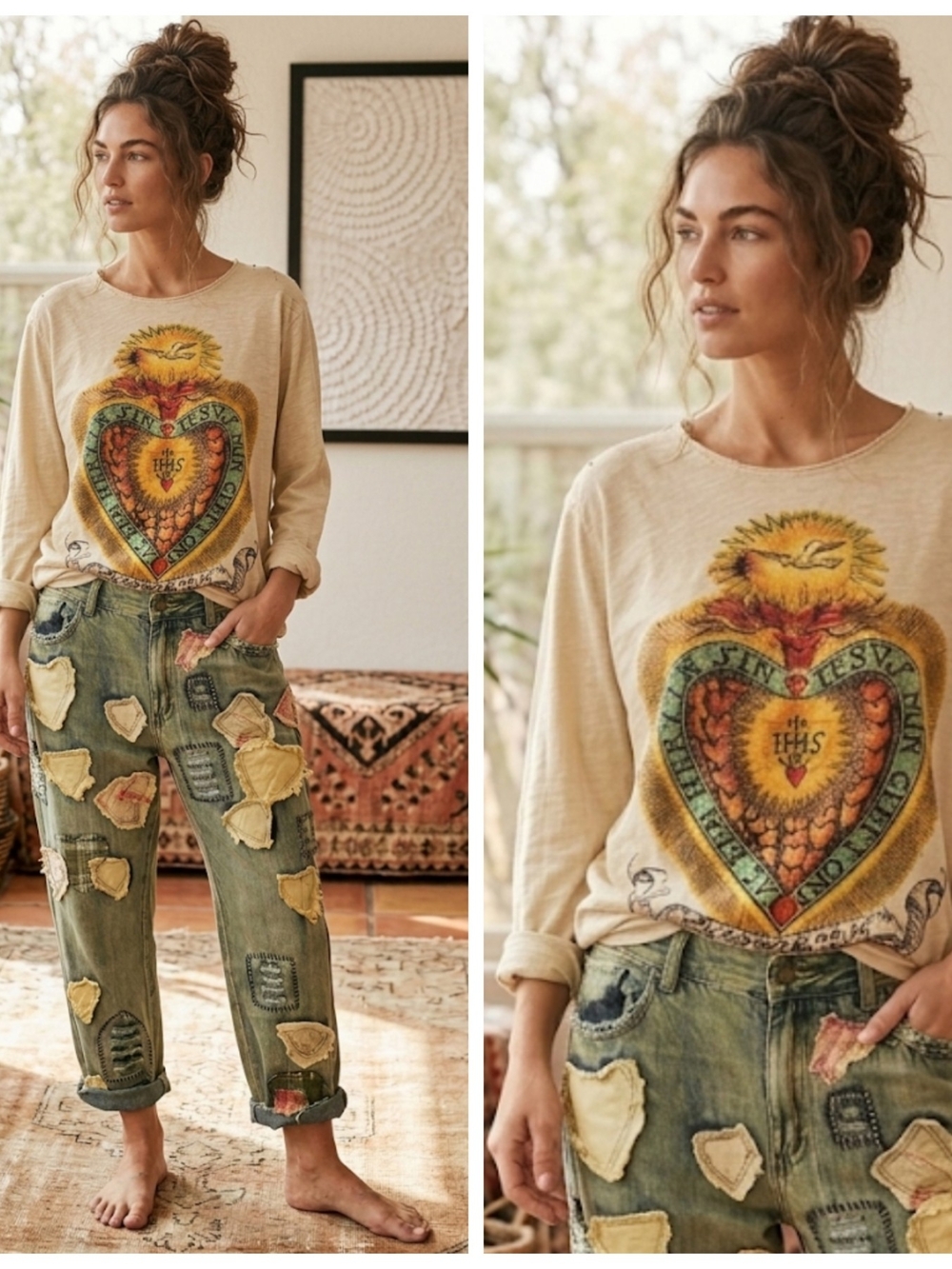 Boho Sacred Heart Graphic Crewneck Jeans Set - Cream Top & Olive Patch Jeans